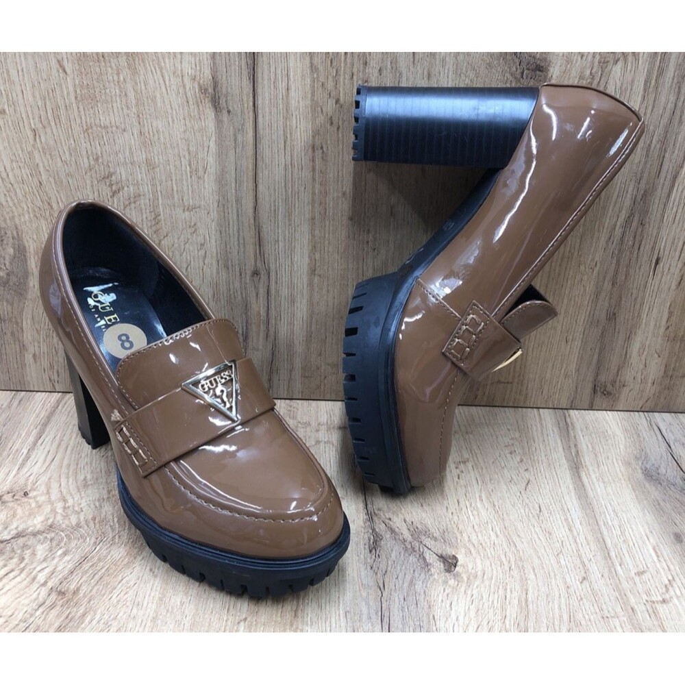 GUESS Women’s Keaton Chunky Platform Heels Brown Patent Leather Shoes  Size 8 M